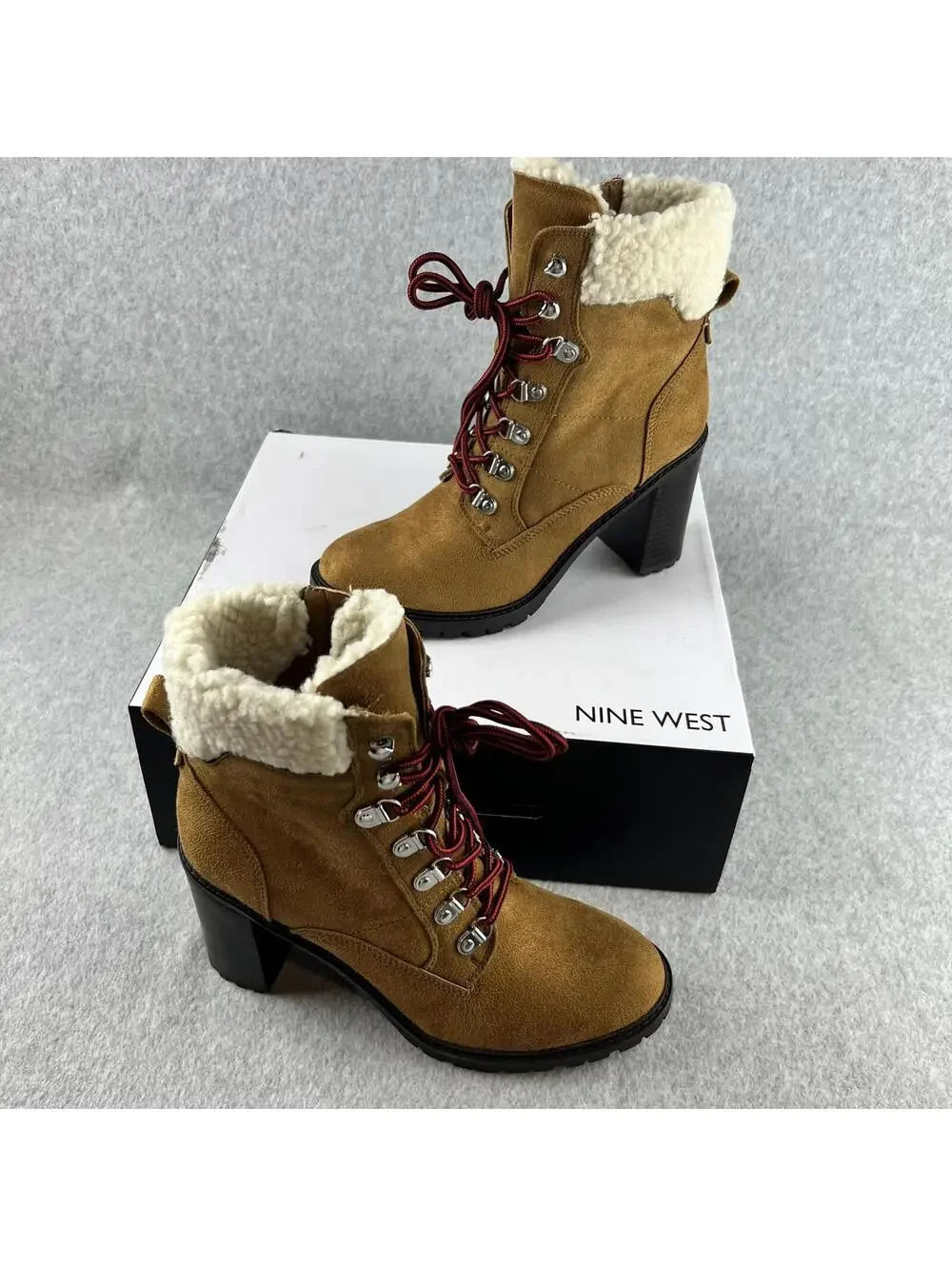 Nine West Ankle Boots Womens 9.5 Block Heel Faux Suede Shearling Trim